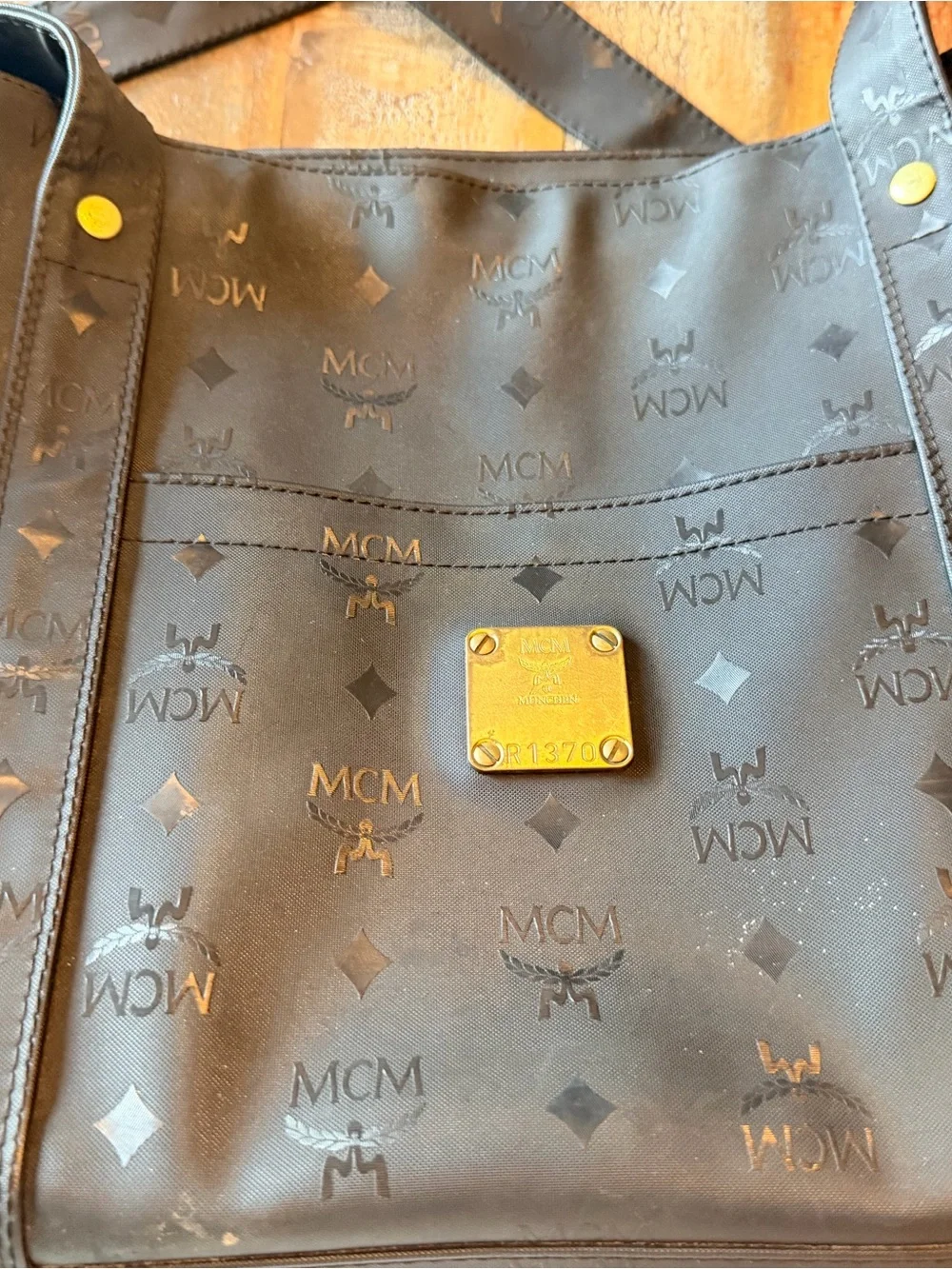 MCM Black Monogram Tote with Gold Plaque